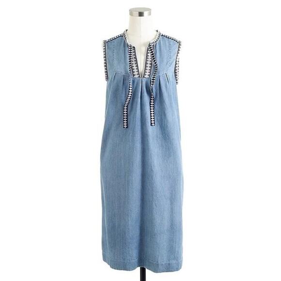 J. Crew Washed Chambray Dress Sleeveless Embroidery Classic Style 00 Hamptons - Picture 1 of 13